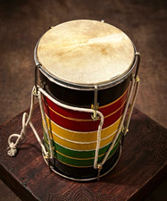 Wooden Double-Headed Dholak Drum Rope Tuning 8in x 12in Multi-Colour