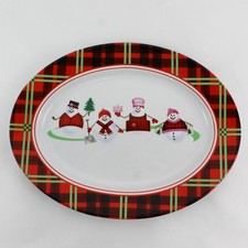 Vintage Dylan Designs Snowman Christmas Platter Plaid Border 14.5"