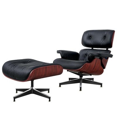 Rosewood Black Eams Lounge Chair and Ottoman Set Top Grain Leather Armchair