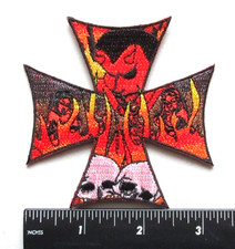   IRON CROSS MALTESE CROSS WITH DEVIL SKULLS FLAMES EMBROIDERED PATCH