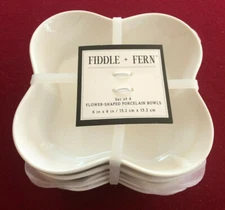 FIDDLE & FERN SET OF 4 FLOWER-SHAPED WHITE PORCELAIN BOWLS (6X6)
