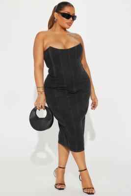 FASHION NOVA HOTTIE DENIM MIDI DRESS CURVE PLUS SIZE 1X BLACK