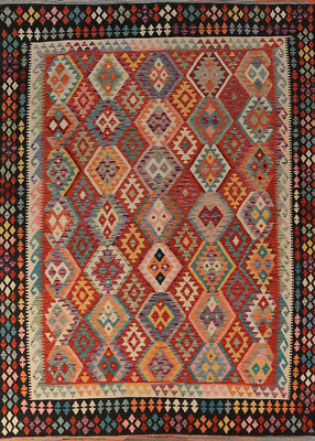 Geometric Kilim Rugs Wool Traditional Kelim Carpets 8x11 ft