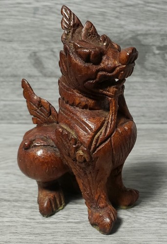 Vintage Pair Chinese Dogs Foo, Brown Hand Carved Wooden, Dragons/Lions Figurines - Picture 12 of 17
