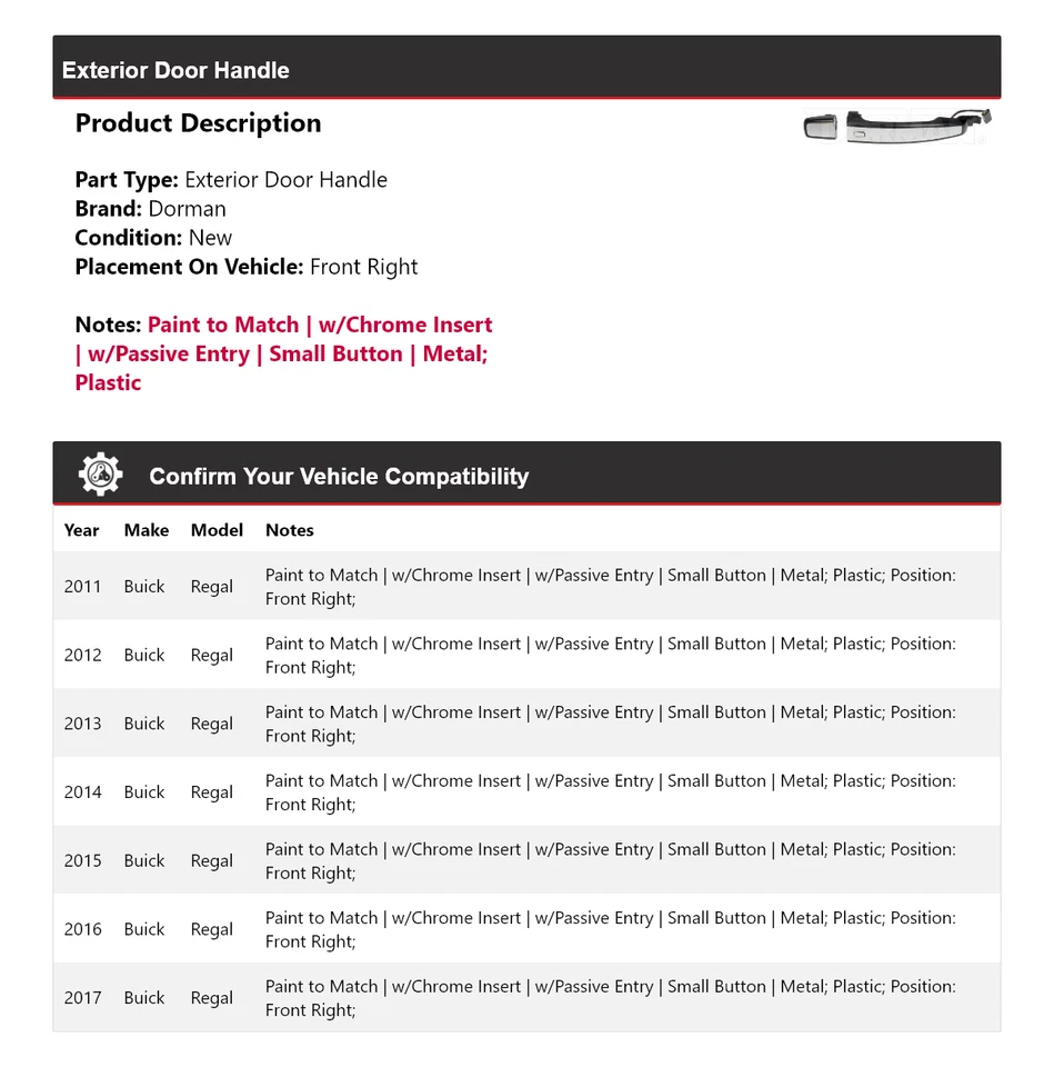 适用于 2011 - 2017 年别克 Regal Dorman 外门把手前右 2012 2013 2014 — 第 2/4 张图片
