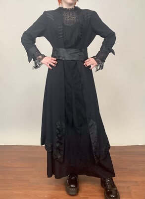 Antique Victorian Edwardian 1900s Black Silk Tea Dress Embroidered