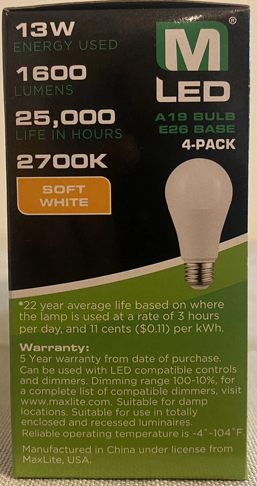 MaxLite E15A19D50/4P A19 100W Soft white 2700K Dimmable LED Bulbs - 4 Pack (B) - Image 4 of 4