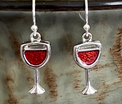 Silver and Red Glass of Wine Earrings. Celebration. Happy Hour. Merlot. Cabernet