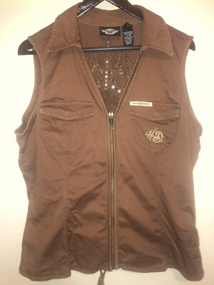 Harley Davidson Vest Brown Cotton Zip Motorcycle Riding Studs 