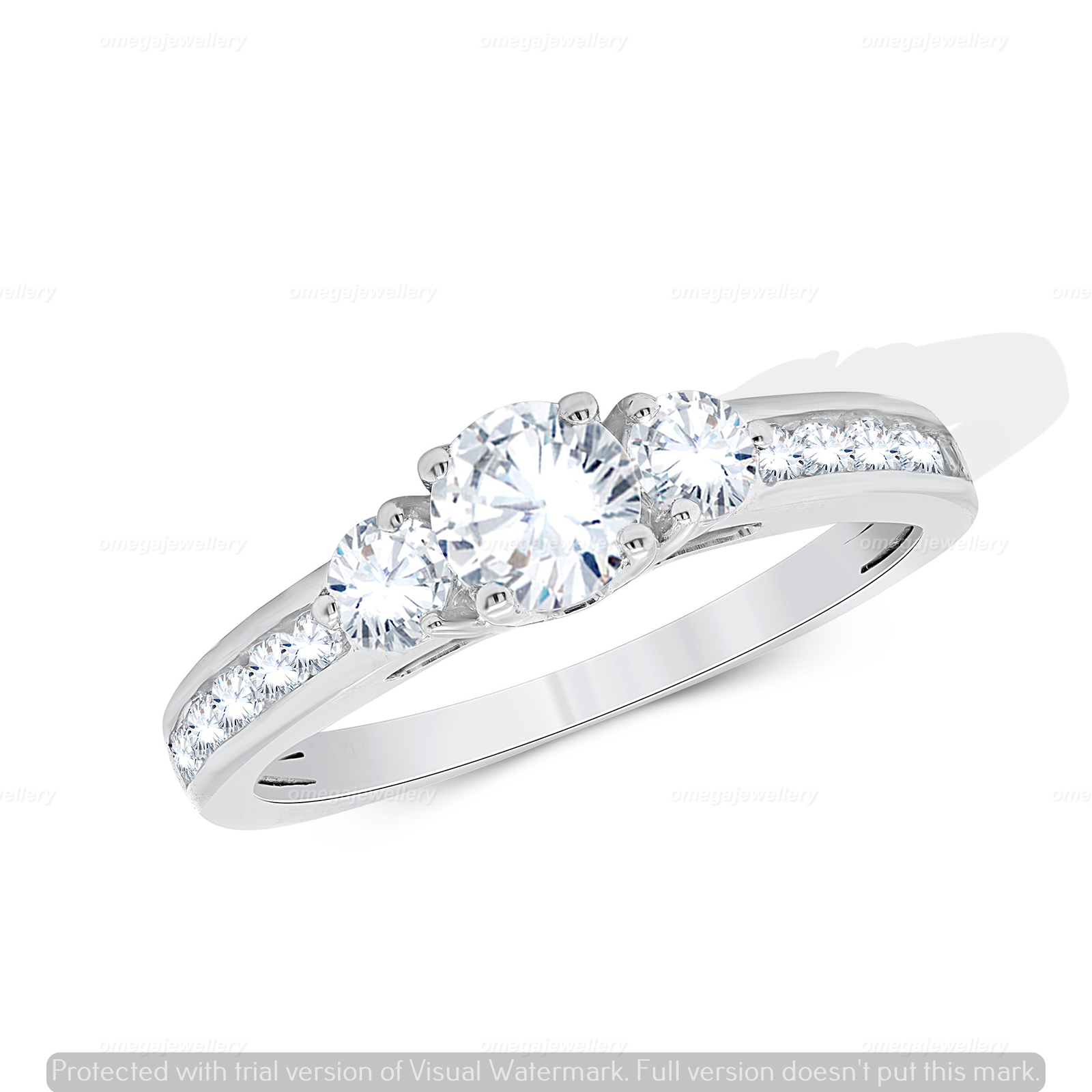 1 Ct Natural Diamond Three Stone Engagement Ring in 10k White Gold Certified