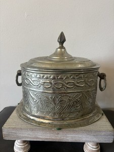 Antique Moroccan Brass Silver Tea Caddy Sugar Box Hinged Lid Patina Original