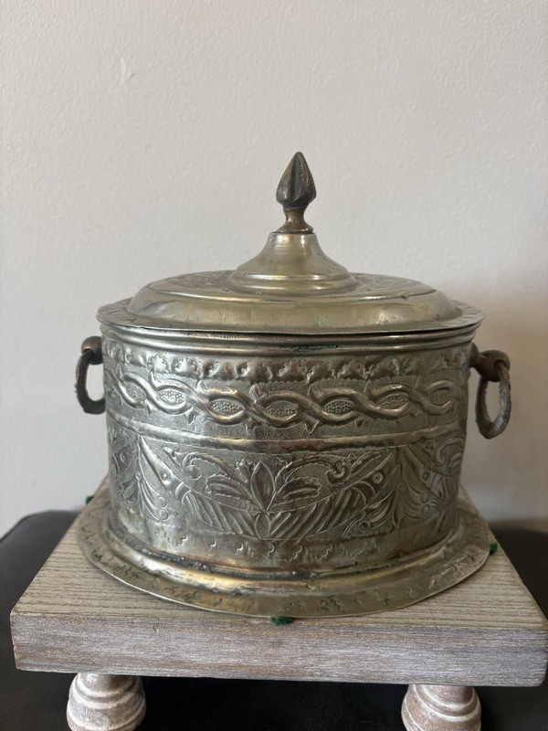 Antique Moroccan Brass Silver Tea Caddy Sugar Box Hinged Lid Patina Original