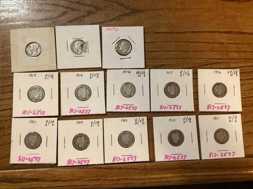 Lot Of 13 90% Silver Dimes Mercury(2x), (10x)Barber & Roosevelt (1x)