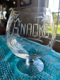 personalized vintage Bar snifter 8" tall glass with etching "SNACKS"