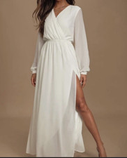 NWT~LULU'S~ White Flowy Chiffon Maxi Dress Woman's XS Lined Elastic Waist Slit