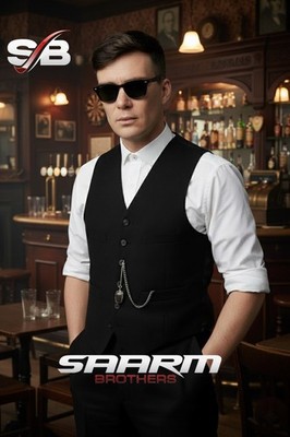  Classic Black Tailored Waistcoat with Pocket Chain   Vintage Pub Style 