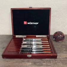 Wusthof Trident 8 Piece Steak Knife Set. Pre-owned.  In Wooden Storage Box