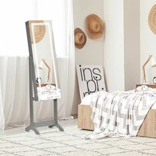 Full Body Mirrored Jewelry Cabinet w/ LED Lights & 5-Tier Storage Shelves, Grey