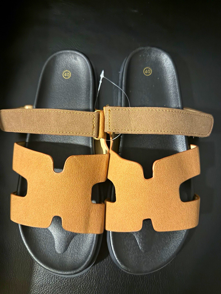Women’s Brown Black Leather Slide Sandals Flat Slip-On Casual US 9 EU ...