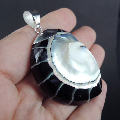 925 Sterling Silver Large Black Nautilus Shell Pendant Handmade Jewelry, NSP-531 - Picture 2 of 7