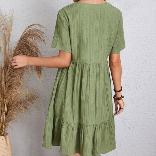 Womens Short Sleeve V Neck Mini Dress Ladies Pleated Ruffle Baggy Solid Dresses - Picture 6 of 17