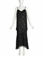 Holly's Harp Vintage 1980s Black Silk Chiffon Metallic Leaf Jacquard Beaded Frin