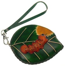 Caterpillar On Leaf Leather Coin Change Purse Wallet Wristlet Handtooled Gift 3D