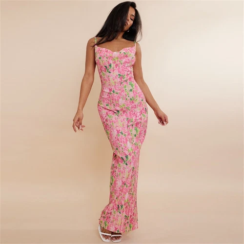 Cowl Neck Plisse Maxi Dress Sleeveless Printed Tank Dress Summer Beach Dresses - Bild 17 von 39