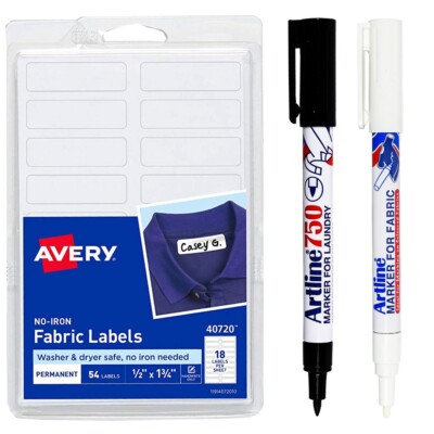 Avery 40720 No-Iron Fabric Labels with Artline Fabric Markers