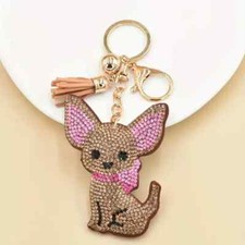 Cartoon Chihuahua Keychain Rhinestone Animal Pet Dog Key Chain with tassel NEW