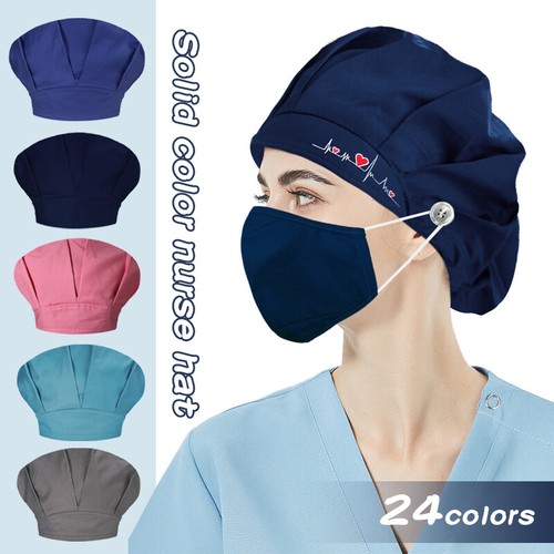 Unisex Adjustable Cotton Bouffant Scrub Cap Solid Embroidery Doctor Nurse Hat - Picture 2 of 35