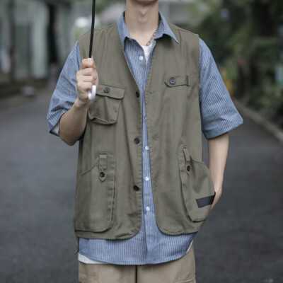 Men Sleeveless Cargo Jacket Multi Pocket Vest Fishing Loose