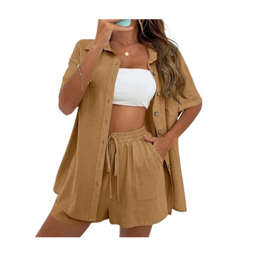Mujer Camisa Shorts Dos Piezas Traje Blusa Casual Multicolor Puro Sencillo | - Imagen 12 de 28