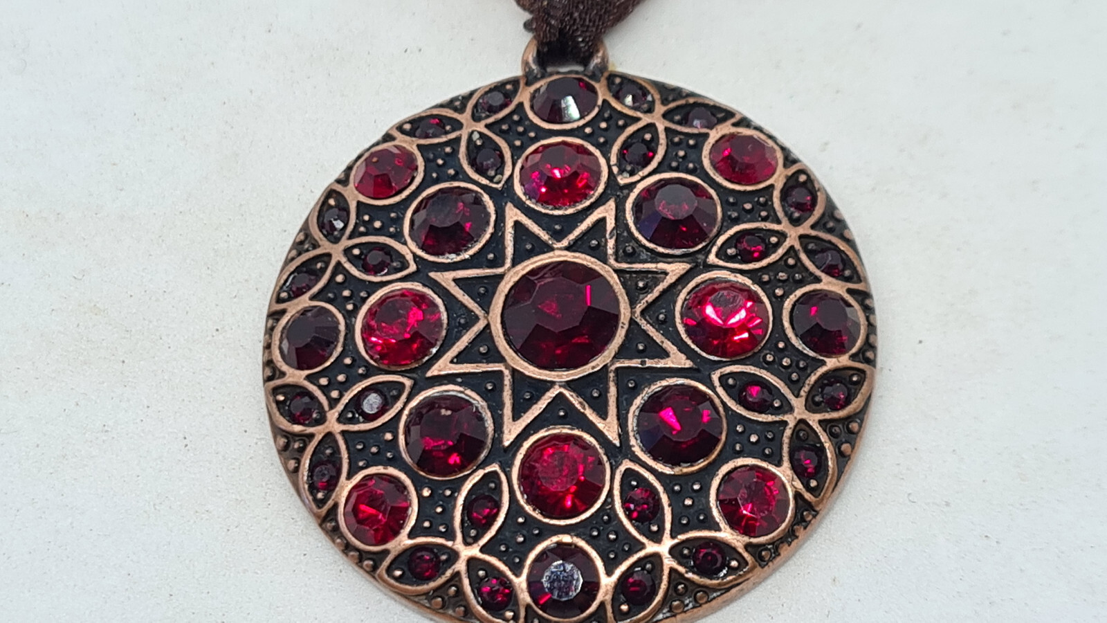Vintage Garnet Rhinestone Solid Copper Pendant on… - image 4