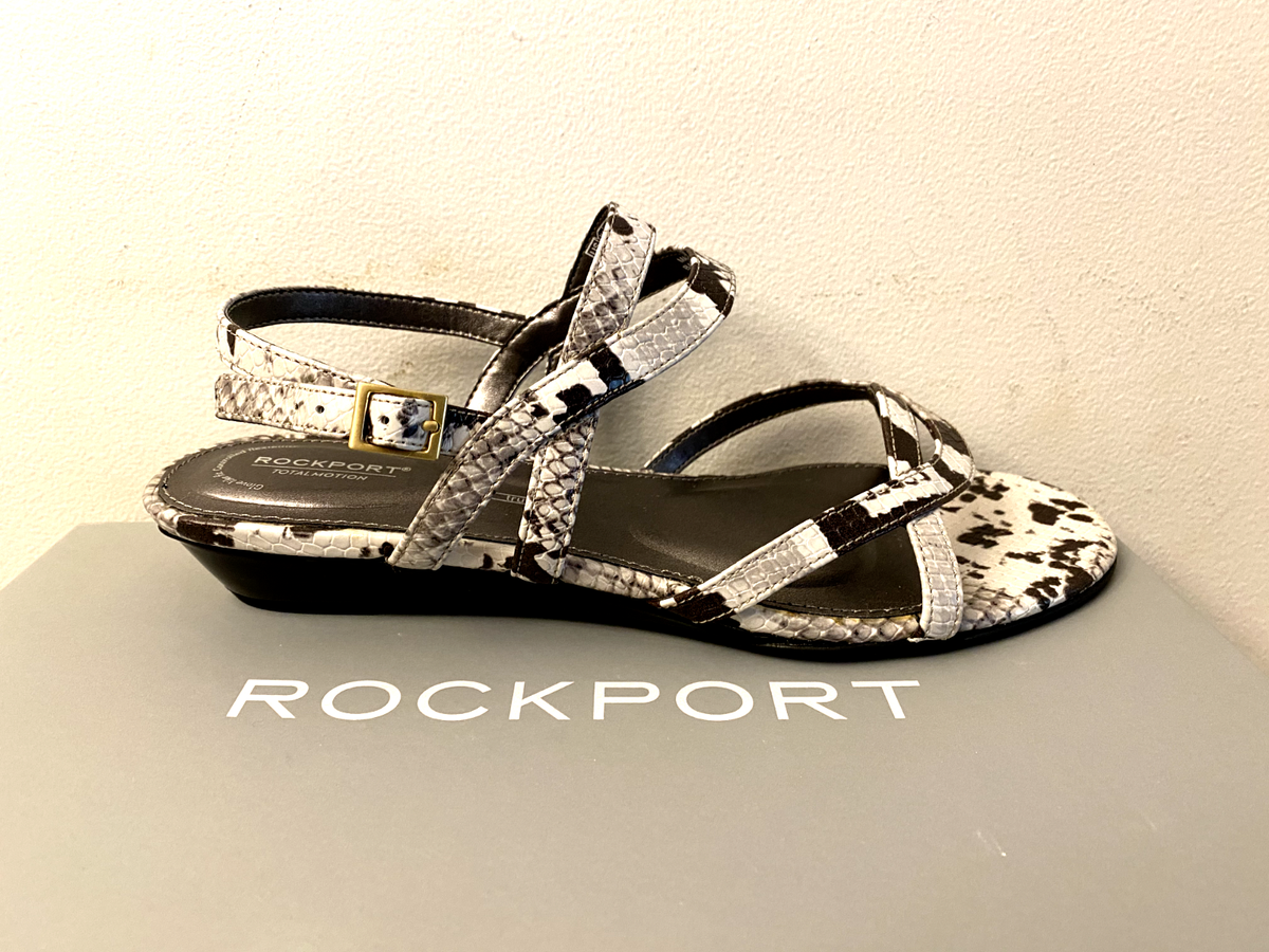 Rockport Women's Tm Zandra Slingback Wedge Sandal- White Black Size M