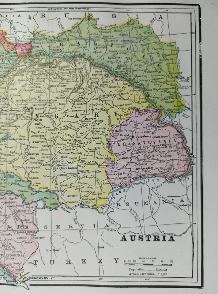 Винтажная карта Австрии 1897 г. 14 x 11 дюймов ~ старая антикварная оригинальная ВЕНГЕРСКАЯ ТРАНСИЛЬВАНИЯ - Изображение 4 из 4