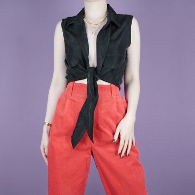 VINTAGE 80er 90er Seide Crop Grunge Krawatte schwarz Taille Überarbeitung Bluse Shirt Top S 8 10