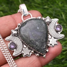 Geen Moss Pendant Gemstone 925 Sterling Silver Handmade Jewelry 2.10"