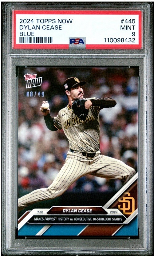 2024 Topps Now 445 Dylan Cease San Diego Padres Con. 10 Strikeouts Blue/49 PSA 9