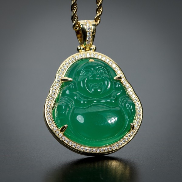 Alternate view of Mens 14k Gold Plated Green Jade Mini Buddha Pendant Chain Necklace Set