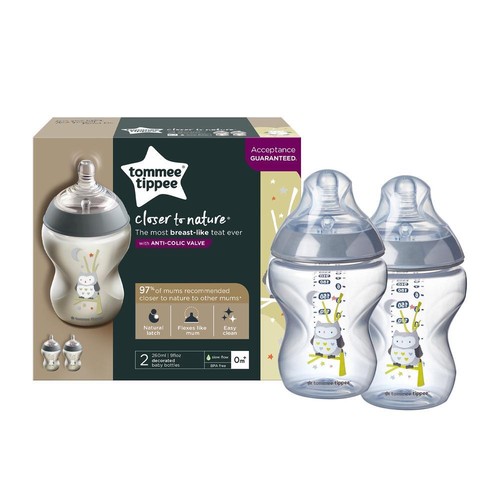 Tommee Tippee Closer To Nature Decorated Easivent Bottles, 2 Pack (Teal) - 260mL