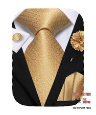 Men's Silk Ties Formal Woven Classic Necktie Pocket Square Set with Gold