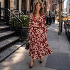 Maxi Vestido Alexis Ambrosia Rojo Floral Talla S Manga Larga Boho Midi Volantes