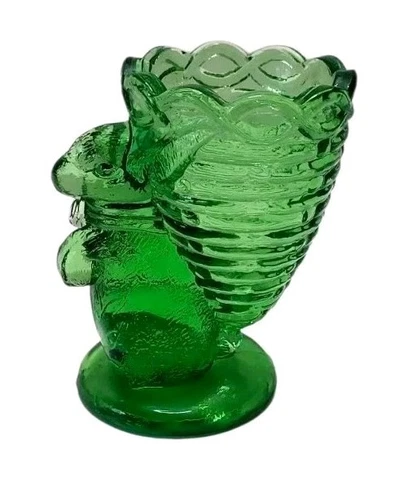 Vintage Fenton Green Glass Bunny With Basket Toothpick Holder or Egg Holder