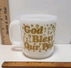 God Bless Our Pad Milk Glass Mug Cup 70s Vintage Groovy Coffee Tea Flower Power