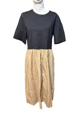 Maye Mimi Colorblock A-Line Midi Dress Womens Medium Black Camel Short Sleeve