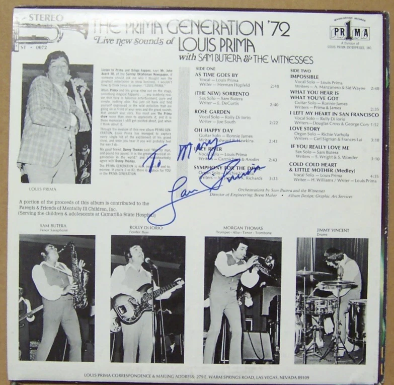 LOUIS PRIMA - THE LOUIS PRIMA GENERATION '72 - SIGNED 1972 LP VINYL RECORD - Image 2 of 2