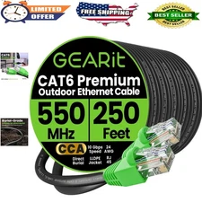 Durable 250ft Cat6 Ethernet Cable with Gold-Plated Connectors - Direct Burial