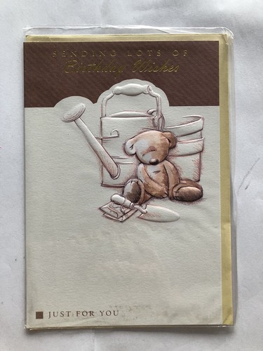 Open Male Happy Birthday Card Cute Bear Watering Can Potting Pots Trowel Seeds - Foto 1 di 2