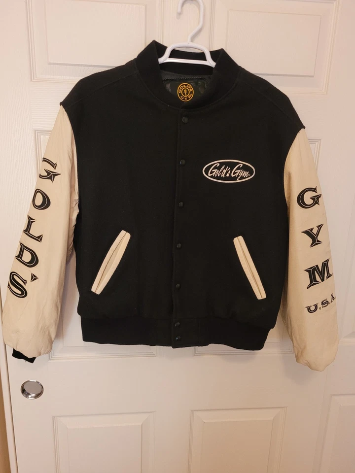Chaqueta Universitaria Vintage Gold's Gym Cuero Lana Negro Crema EE. UU. Para Hombres Grande Foto 2 de 4